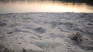 view of sunset above lake with sand beach forest on background