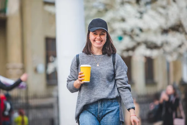 Young Stylish Woman Walking Street Coffee Cup Spring Blooming Tree — Stock Photo, Image