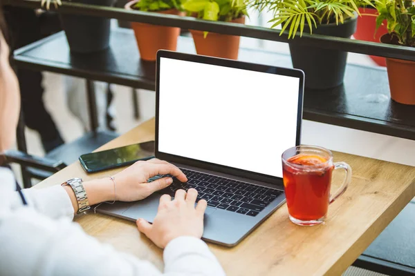 Woman Working Laptop Cafe White Screen Freelancer Concept Copy Space — Stock Photo, Image