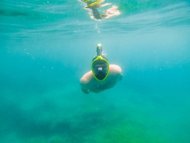 Adam yaz tatilinde şnorkelli misk kokulu suda yüzüyor.