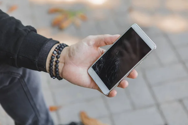 Hands Holding Phone Broken Cracked Screen Gadgets Insurance — Stock Photo, Image