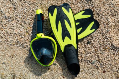 Deniz sahilinde yüzgeçli şnorkelle yüzme maskesi. Yaz zamanı, tatil konsepti. Boşluğu kopyala