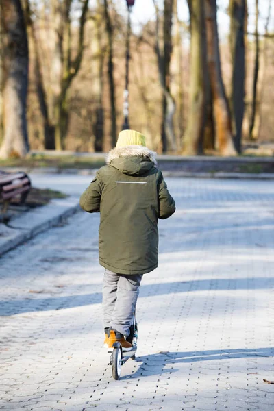 Småbarn Liten Pojke Ridning Push Scooter Offentlig Stadspark Friluftsliv — Stockfoto