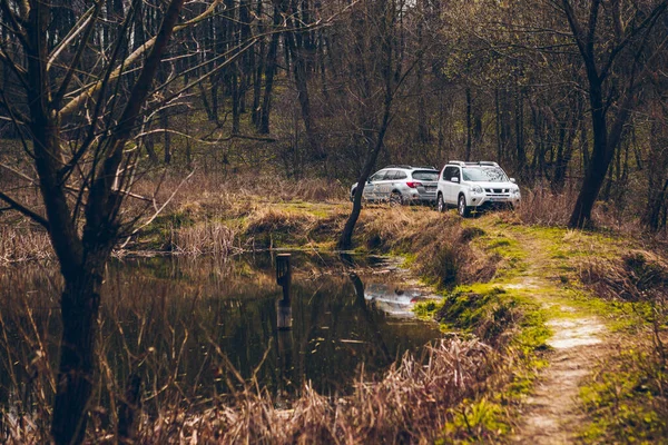 two suv cars at lake beach reflection in water. copy space