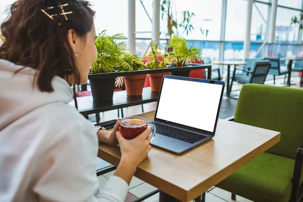 カフェのノートパソコンで働く女性ホワイトスクリーンで熱いフルーツティーを飲むフリーランスのコンセプトコピースペース — ストック写真