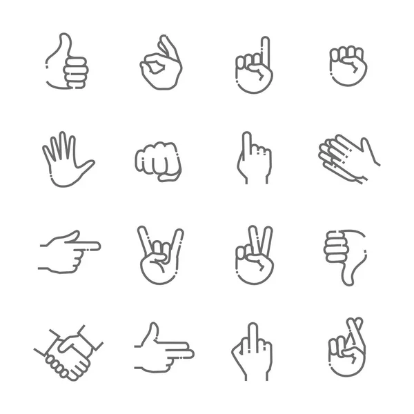 Gestos de mano conjunto de iconos de línea delgada — Vector de stock