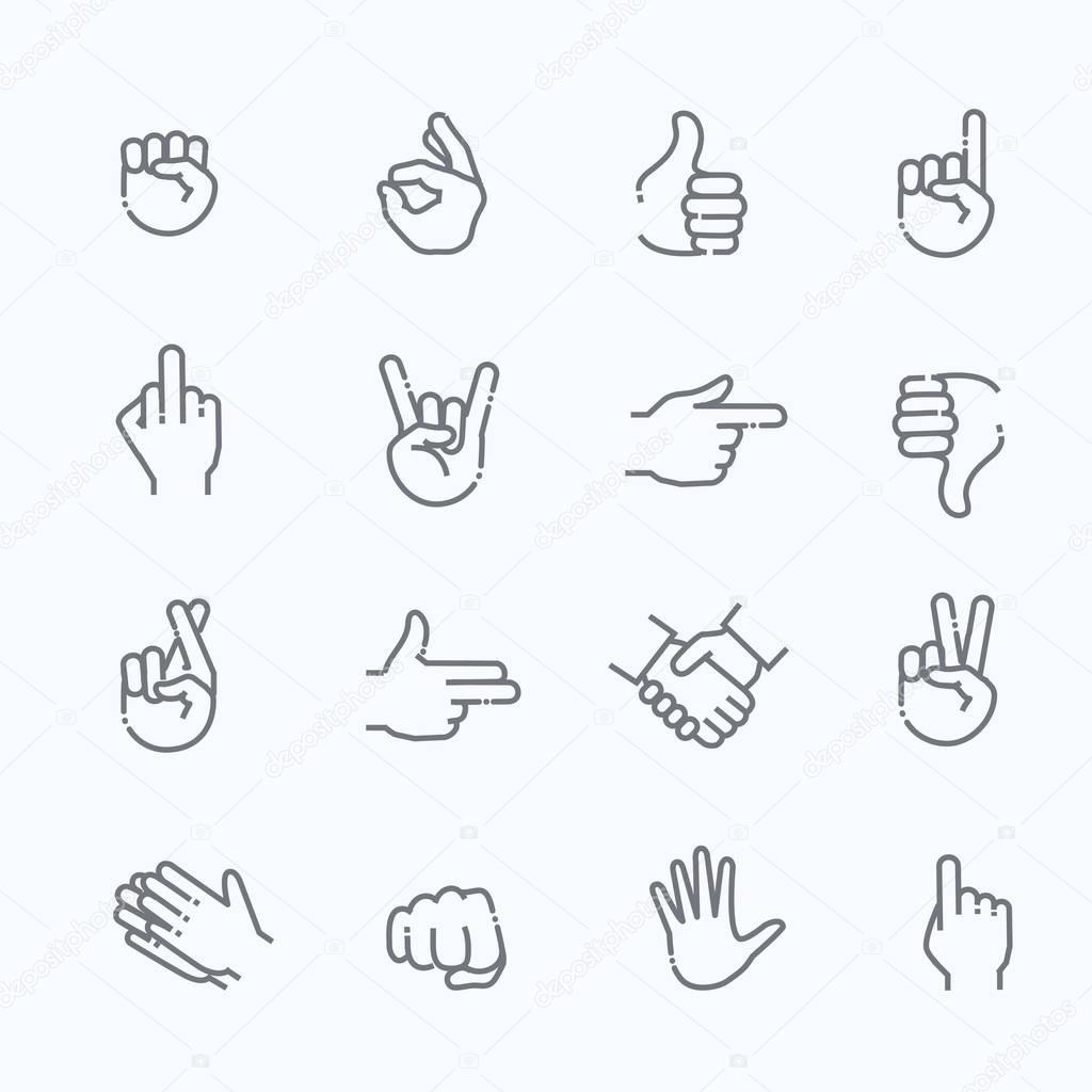 Hand gestures thin line icon set