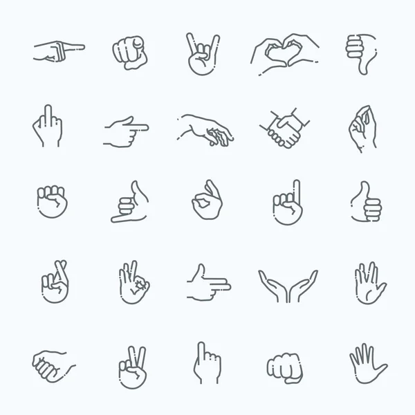 Gestos de mano conjunto de iconos de línea delgada — Vector de stock