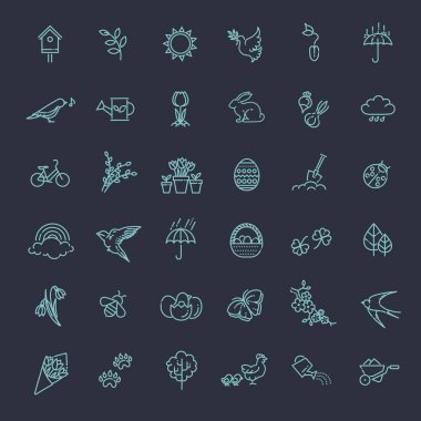 Bahar Icons set. Bahar Bahçe, çiçek ve Bahçe ekipman. Düz tasarım stili
