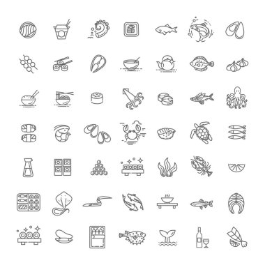 Balık ve deniz ürünleri - ana simge koleksiyonu, restoran menüsü için vektör