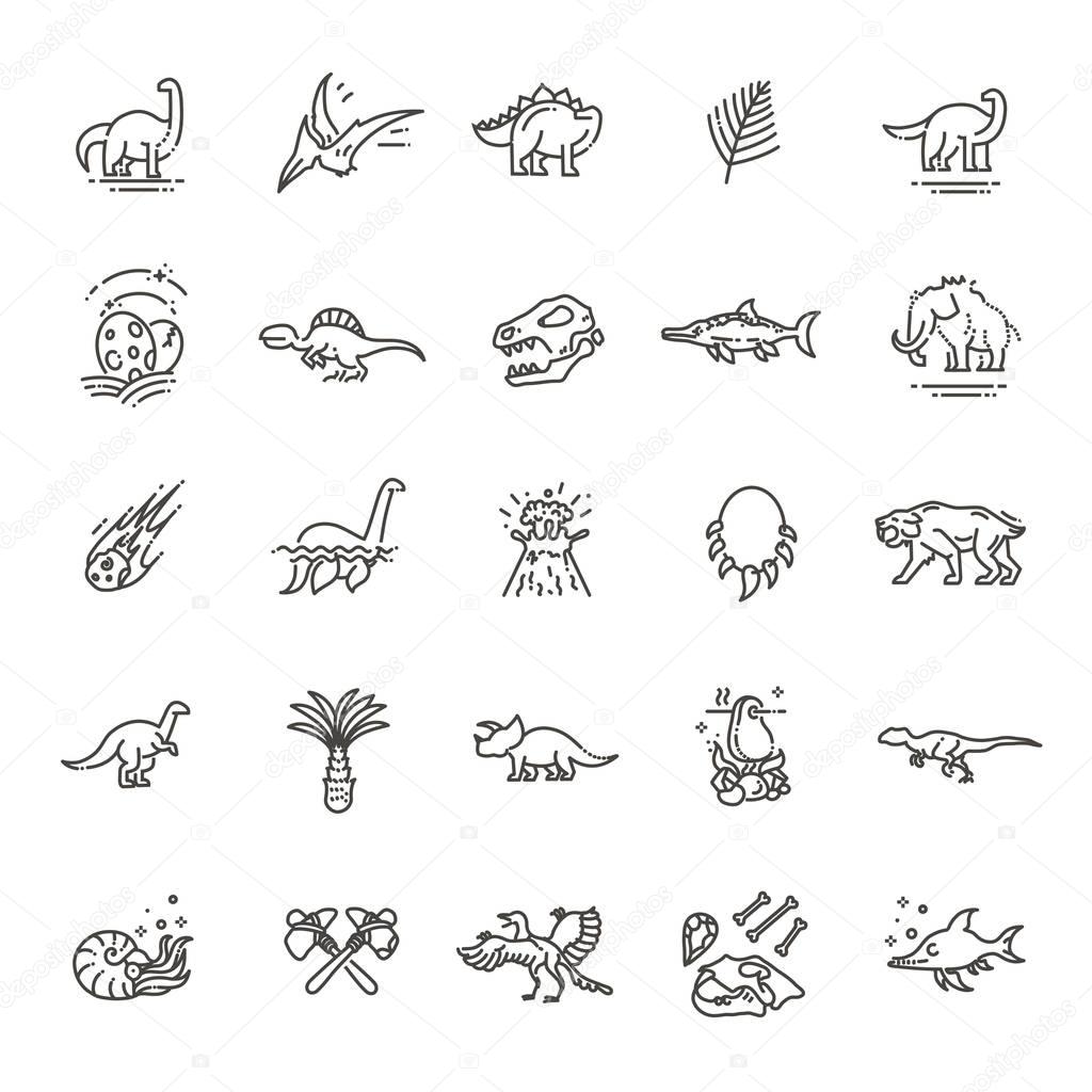 Dinosaur icons vector. Dinosaur egg and volcano, dinosaur skeleton and tyrannosaurus icons