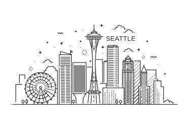 Seattle 'ın bayrağı düz çizgi modasında. Seattle şehir çizgisi.