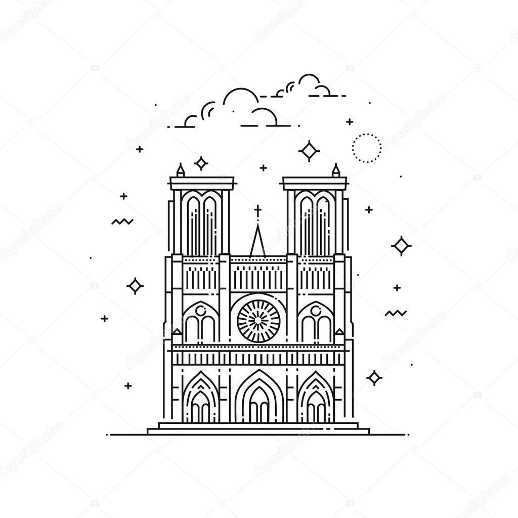 Notre Dame De Paris illustration made in outline style. World famous landmarks collection.