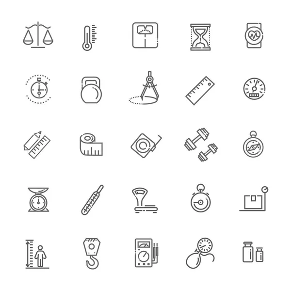 Medición de conjunto de iconos web relacionados - conjunto de iconos de esquema, vector, colección de iconos de línea delgada — Archivo Imágenes Vectoriales