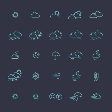 Hava tahmini - ana ağ simgesi seti, vektör, ince çizgi simgeleri koleksiyonu