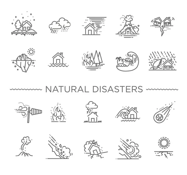 Desastre natural, ilustración vectorial de iconos de línea delgada — Vector de stock