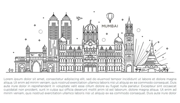 뭄바이는 스카이라인을 상회 한다. 여행과 관광을 배경으로 한다. 벡터 배경. 선 삽화. 라인 아트 스타일 — 스톡 벡터