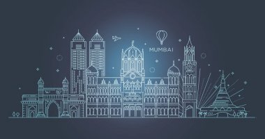 Mumbai silueti detaylı. Seyahat ve turizm geçmişi. Vektör arkaplanı. Çizgi çizimi. Çizgi sanatı