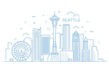 Seattle 'ın bayrağı düz çizgi modasında. Seattle şehir çizgisi.