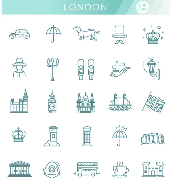 Conjunto de iconos de Londres. Inglaterra, diseño de línea delgada — Vector de stock
