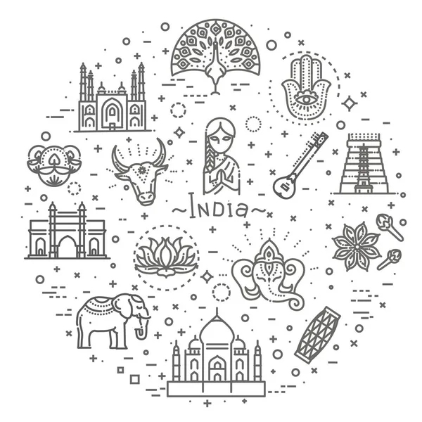 Ícones da Índia definidos. Atrações indianas, design de linha. Turismo na Índia, ilustração vetorial isolada. Símbolos tradicionais. — Vetor de Stock