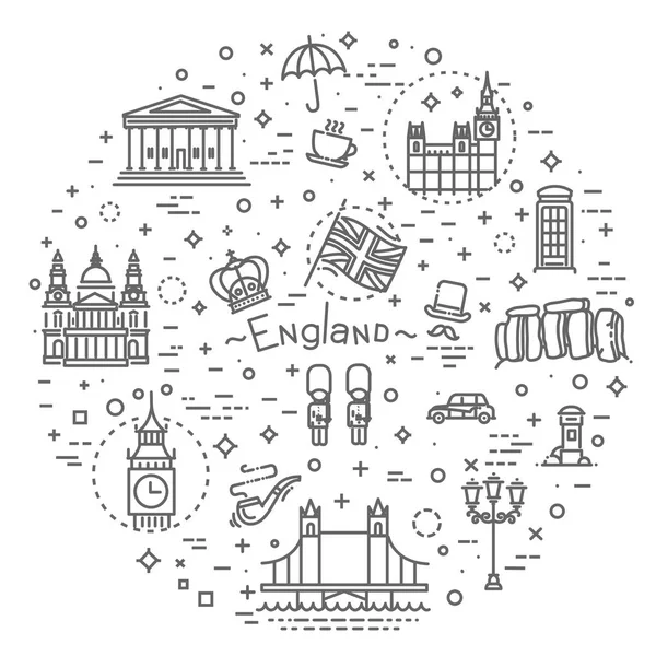 Conjunto de iconos de Londres. Inglaterra, diseño de línea delgada — Vector de stock