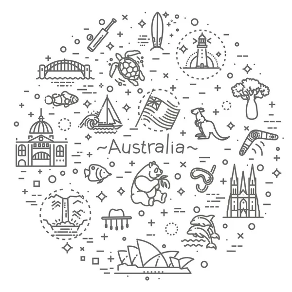ベクトルグラフィックセット。オーストラリアの文化、動物、伝統。記号、要素、紋章、記号 — ストックベクタ
