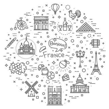 Düz tasarım Fransa vektör hat Icons set