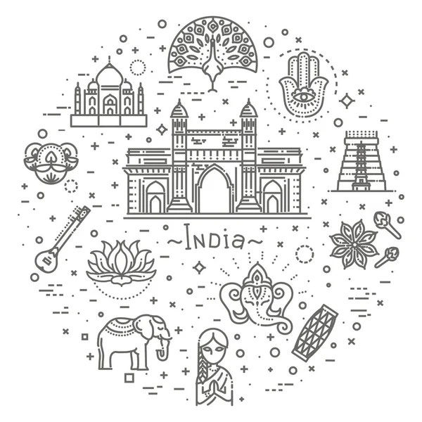 Indiens Ikonen sind gesetzt. Indische Attraktionen, Liniendesign. Tourismus in Indien, isolierte Vektorillustration. Traditionelle Symbole. — Stockvektor