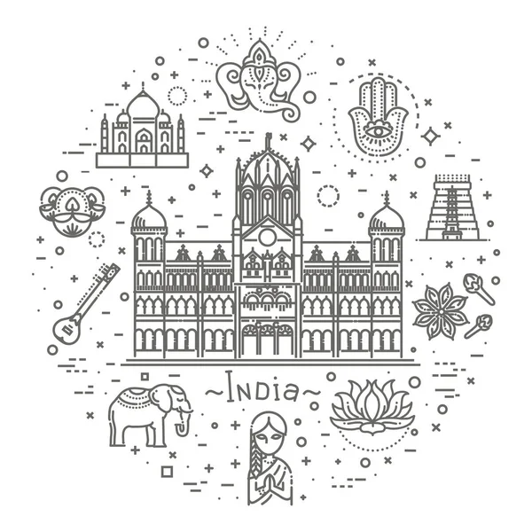 India icons set. Indian attractions, line design. Tourism in India, isolated vector illustration. Traditional symbols. — Stock Vector