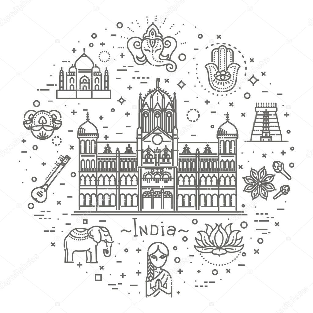 India icons set. Indian attractions, line design. Tourism in India, isolated vector illustration. Traditional symbols.