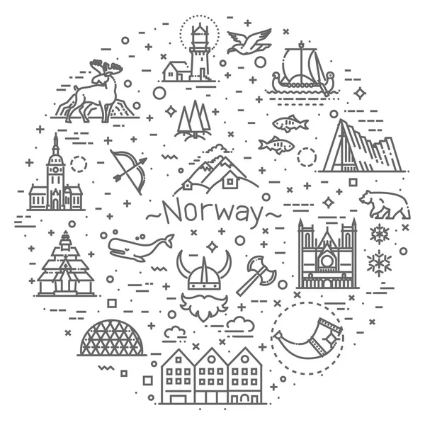Pontos turísticos da cidade ícones vetoriais. Marco da Noruega . — Vetor de Stock