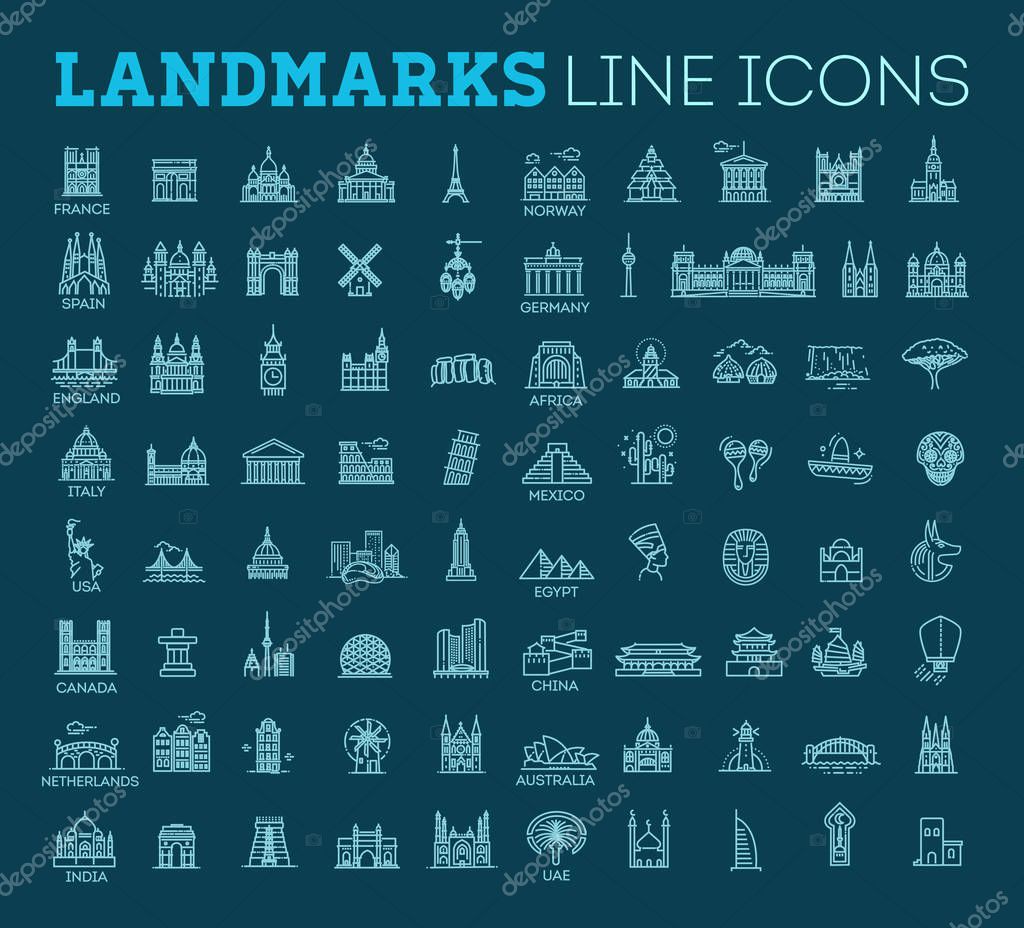 80 Flat line design style vector illustration icons set and logos of top tourist attractions, historical buildings, towers