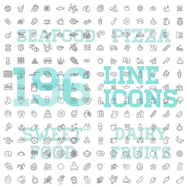 196 conjunto de ícones vetoriais finos para alimentos e bebidas — Vetor de Stock
