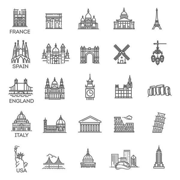 Semplice set di icone vettoriali lineari che rappresentano i punti di riferimento turistici globali e le destinazioni di viaggio per le vacanze — Vettoriale Stock