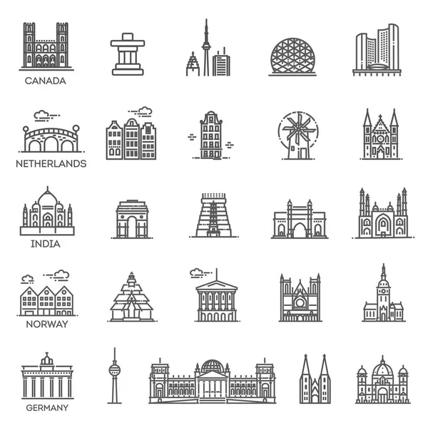 Conjunto de iconos de vectores lineales simples que representan lugares de interés turístico global y destinos de viaje para vacaciones — Vector de stock