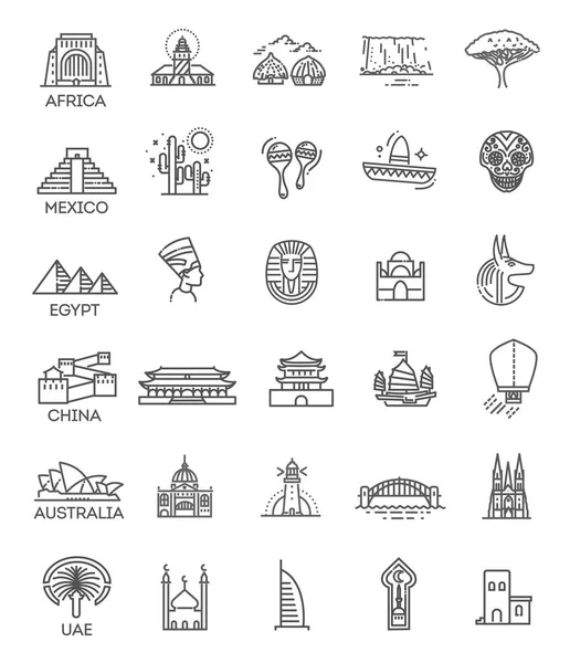 Conjunto de iconos de vectores lineales simples que representan lugares de interés turístico global y destinos de viaje para vacaciones — Archivo Imágenes Vectoriales
