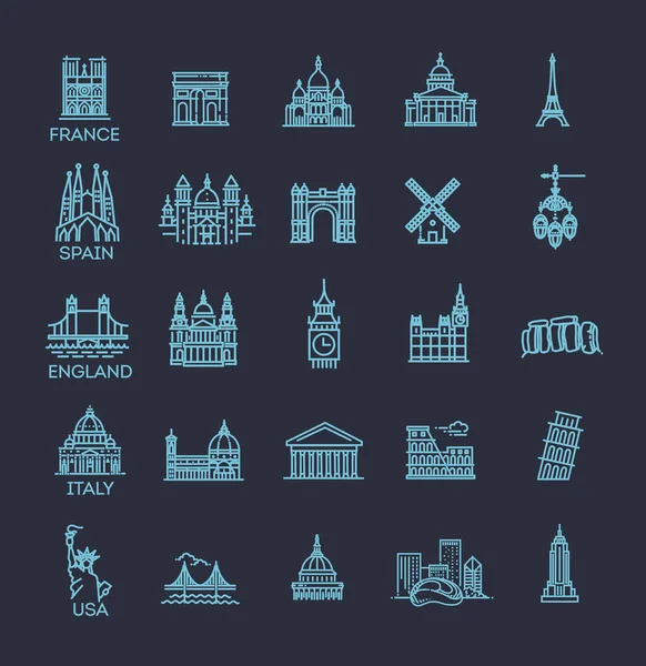 Simple linear Vector icon set representing global tourist landmarks and travel destinations for vacations — Stock Vector