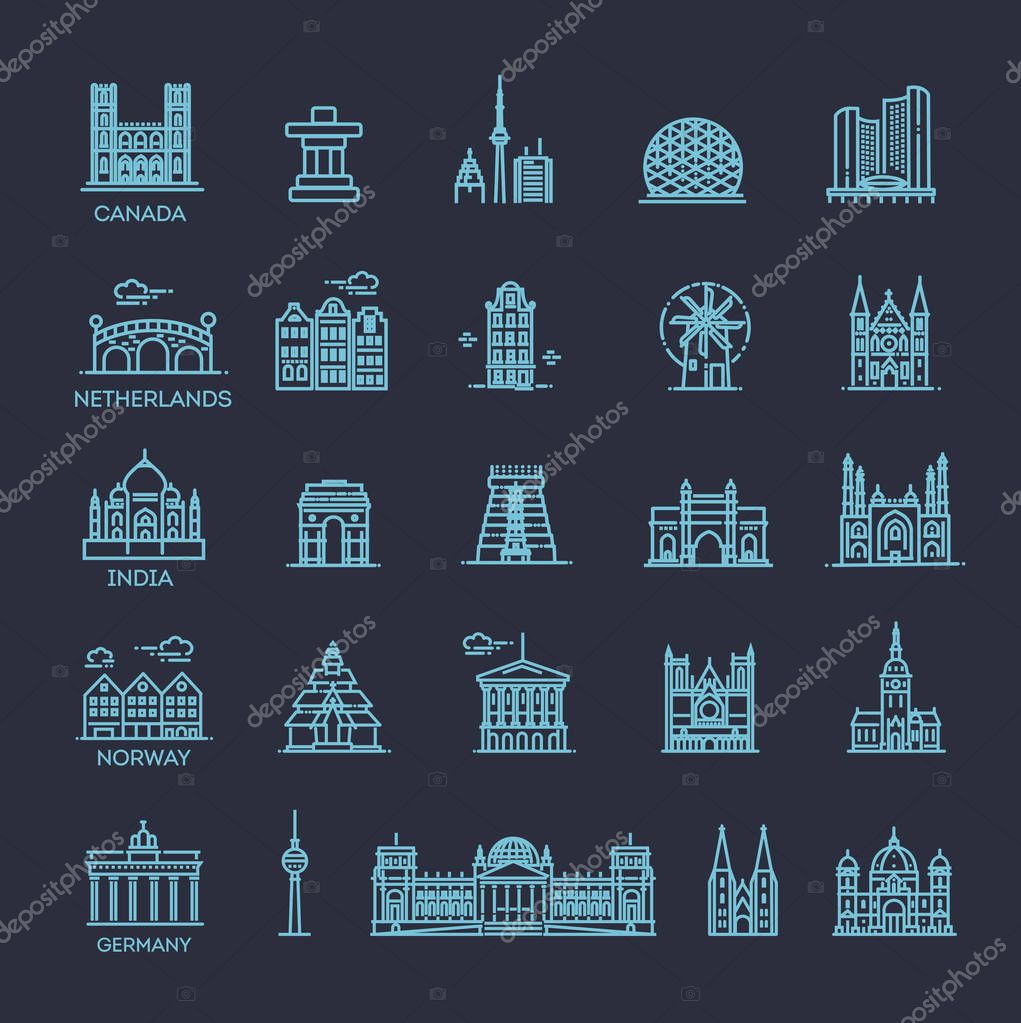 Flat line design style vector illustration icons set and logos of top tourist attractions, historical buildings, towers