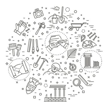 archeology line icons set clipart