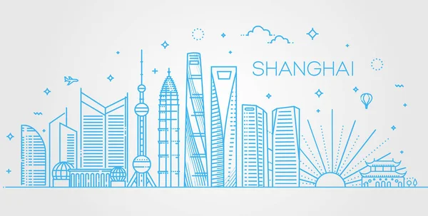 上海建筑线天际线插图。具有著名地标的线性矢量城市景观 — 图库矢量图片