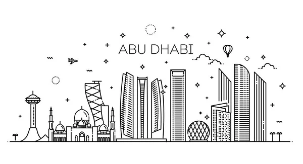 Abu Dhabi City Line Art Vector Illustration mit allen berühmten Gebäuden. Stadtbild. — Stockvektor