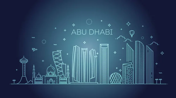 Abu Dhabi ciudad línea de arte Vector ilustración con todos los edificios famosos. Paisaje urbano . — Vector de stock