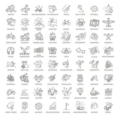 Hobbies and interest detailed line icons set in modern line icon style for ui, ux, web, app design clipart