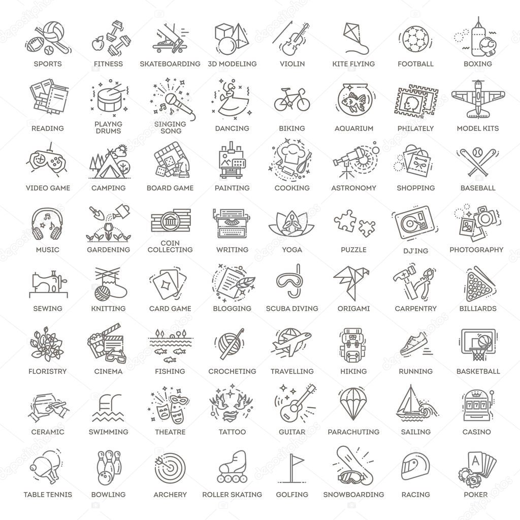 Hobbies and interest detailed line icons set in modern line icon style for ui, ux, web, app design