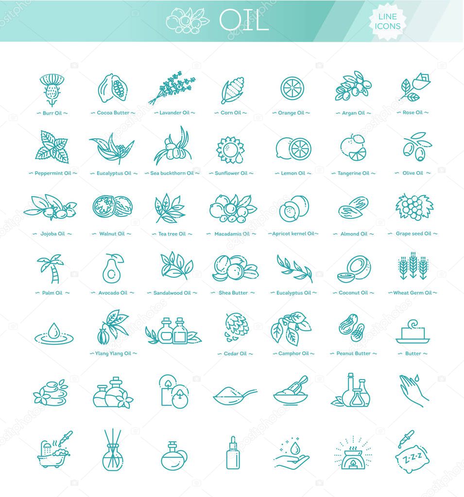 Vector set of natural ingredients and oils for cosmetics in linear style