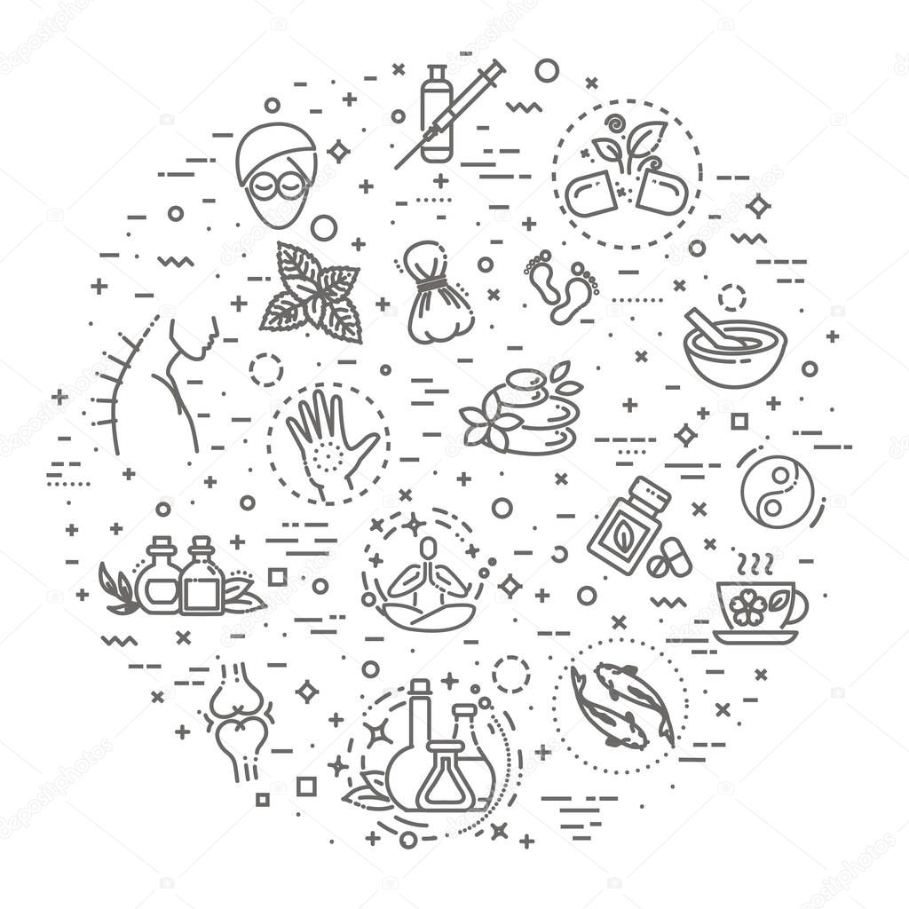 Set of vector illustrations of different kinds of alternative medicine