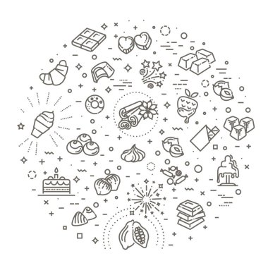 Düz tasarım çikolata, tatlı, kakao ve şeker vektör hat Icons set