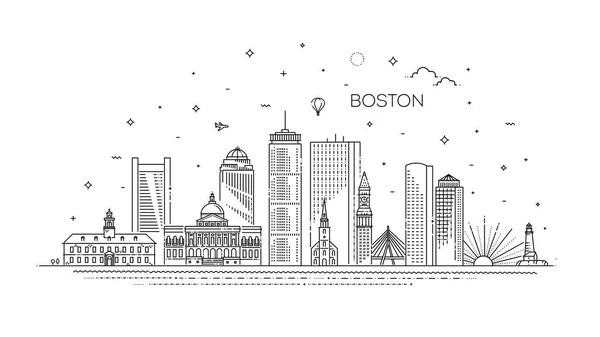 Illustrazione dello skyline dell'architettura di Boston. Paesaggio urbano vettoriale lineare con monumenti famosi — Vettoriale Stock