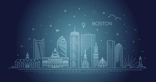 Ilustración de la línea de arquitectura de Boston. Paisaje urbano lineal vectorial con monumentos famosos — Vector de stock